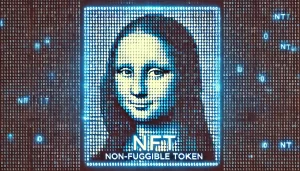 A wide digital image representing an NFT (non-fungible token) with the letters 'NFT' and the words 'non-fungible token' written beside it.